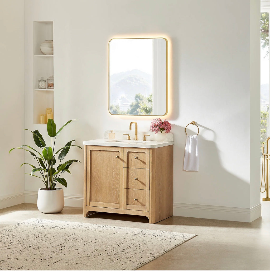 Altair Milner Bathroom Vanity in Brushed Oak with Grain White Engineered Stone Countertop without Mirror