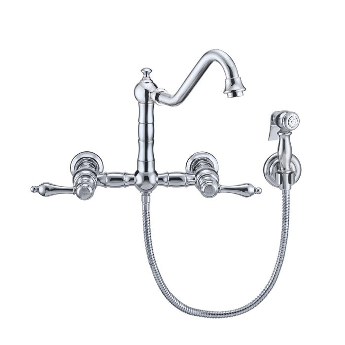 Whitehaus Polished chrome  Vintage III Plus Wall Mount Faucet with a  Long Traditional Swivel Spout W/ Solid Brass Side Spray