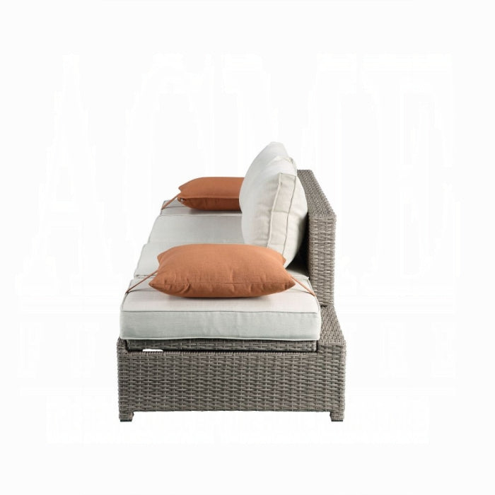ACME Beige Fabric & Gray Wicker Salena Patio Sofa W/2 Pillows & Ottoman