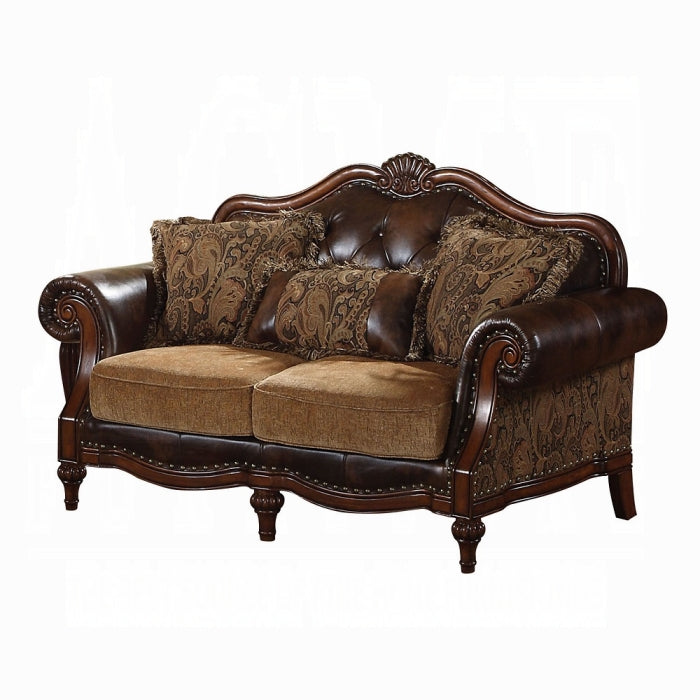 ACME  Two Tone Brown Synthetic Leather & Chenille Cherry Dreena Loveseat W/3 Pillows