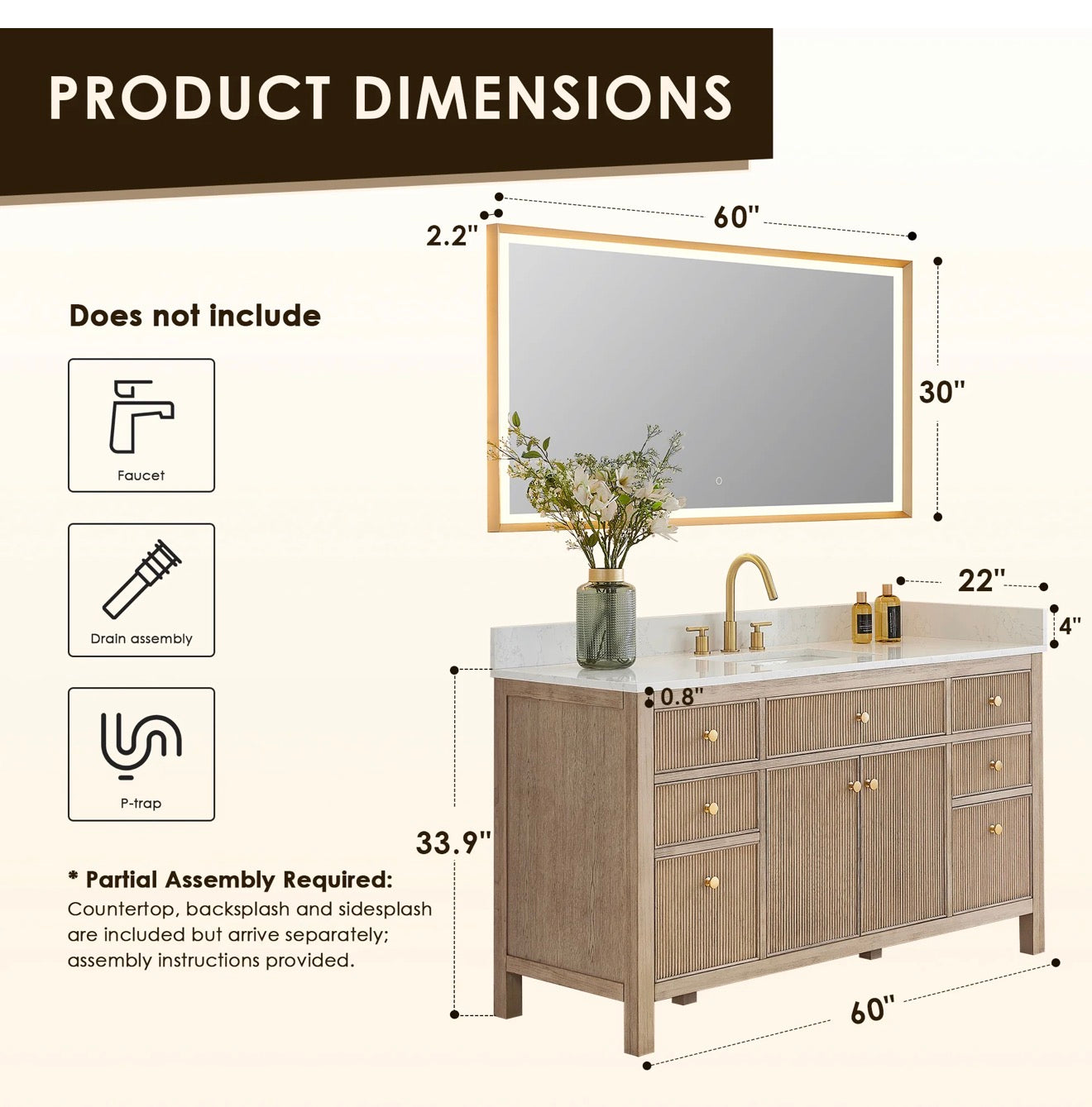 Altair Cerrito 60" Single Bathroom Vanity with Grain White Engineered Stone Countertop without Mirror