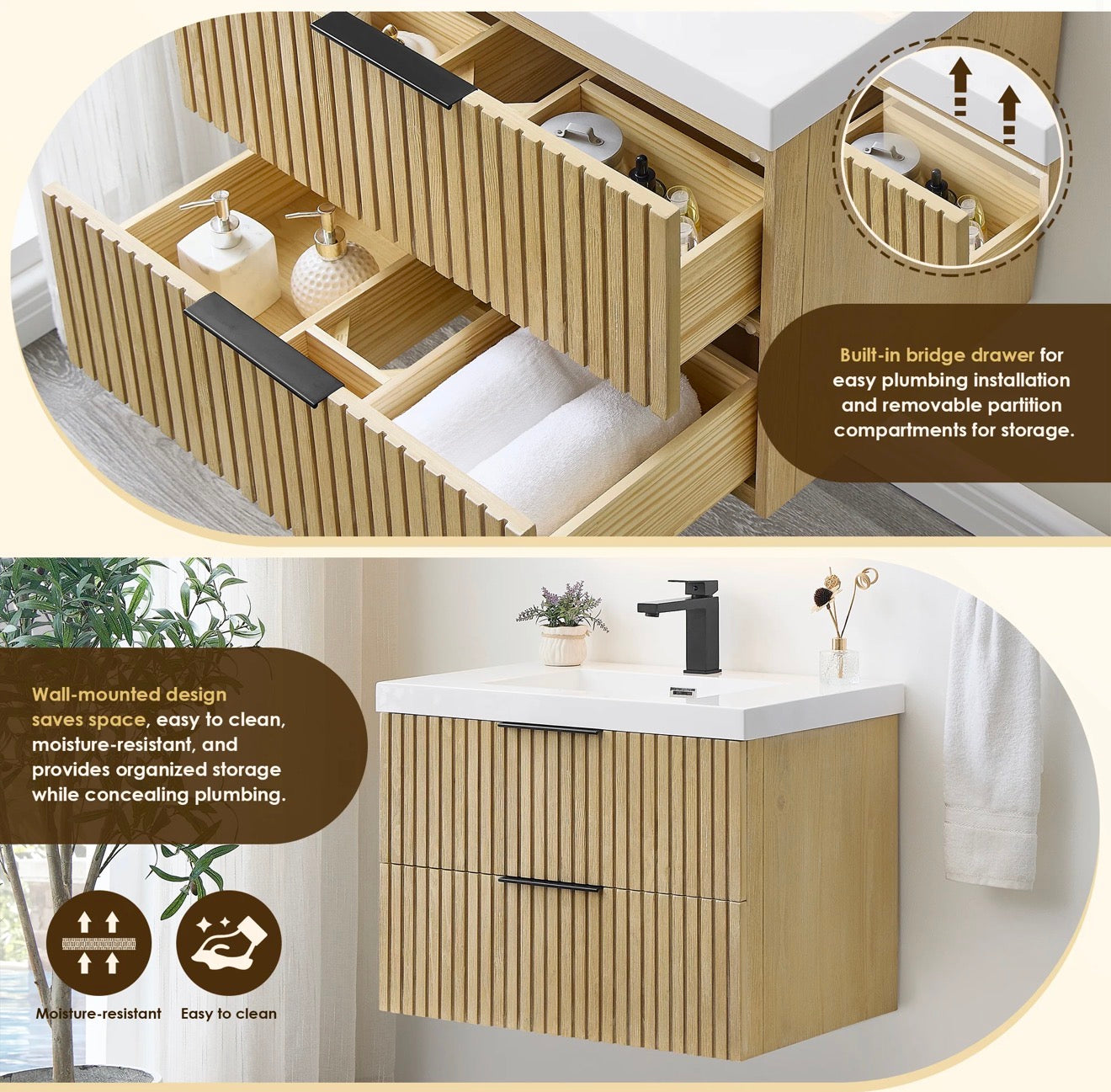 Altair Livia 30" Wall-mounted Single Bathroom Vanity in Nature Brown with White Artificial Drop-in Sink without Mirror