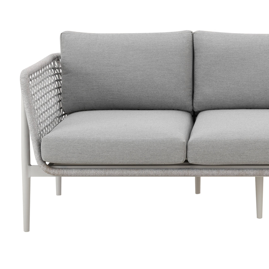 Armen Living Rhodes Outdoor Patio Sofa in Aluminum with Light Gray Rope and Cushions