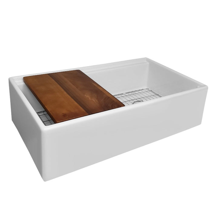 Whitehaus Collection 36" Reversible Single Bowl Fireclay Sink Set with a Smooth Front Apron, Walnut Wood Cutting Board and Stainless Steel Grid