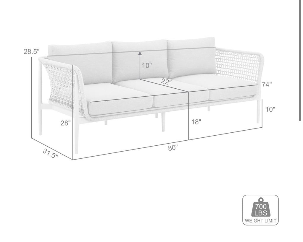 Armen Living Rhodes Outdoor Patio Sofa in Aluminum with Light Gray Rope and Cushions