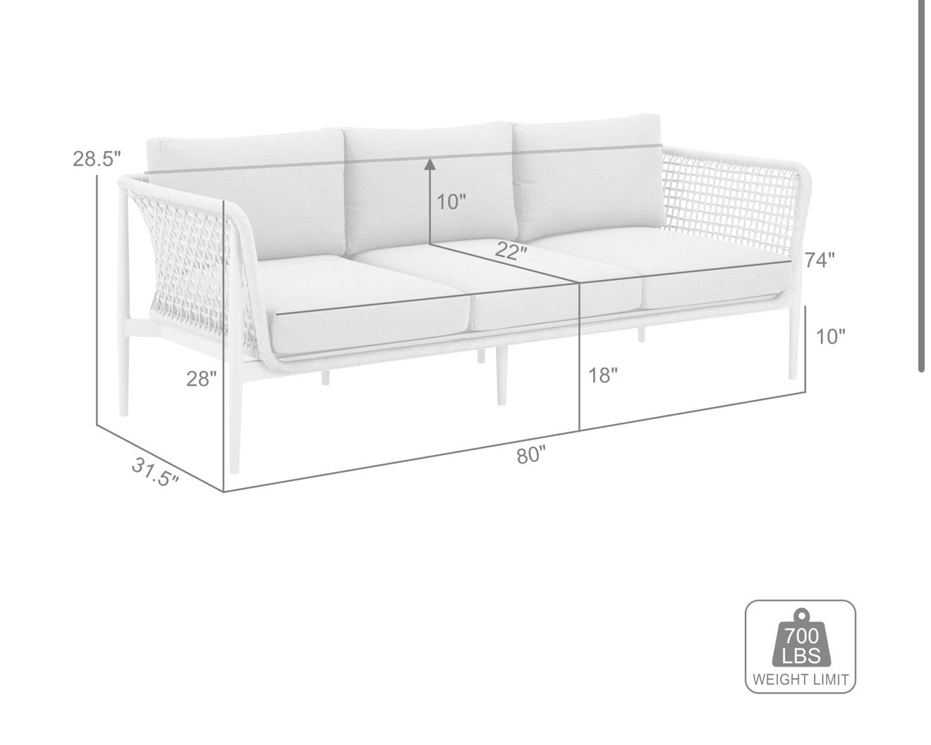 Armen Living Rhodes Outdoor Patio Sofa in Aluminum with Light Gray Rope and Cushions