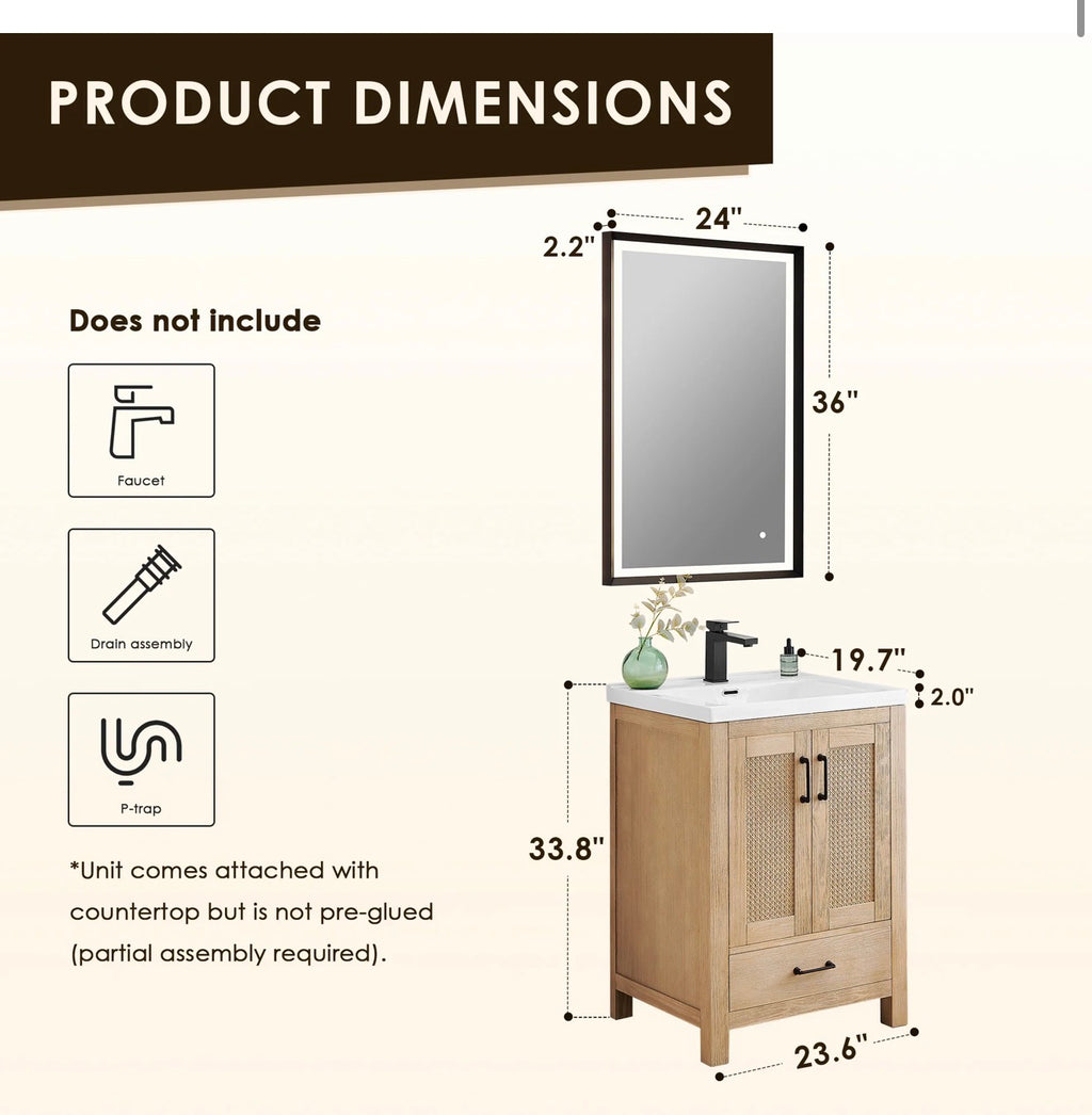 Altair Bondi single Bathroom Vanity in Light Brown with white artificial Drop-in Sink without mirror