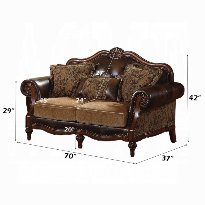 ACME  Two Tone Brown Synthetic Leather & Chenille Cherry Dreena Loveseat W/3 Pillows