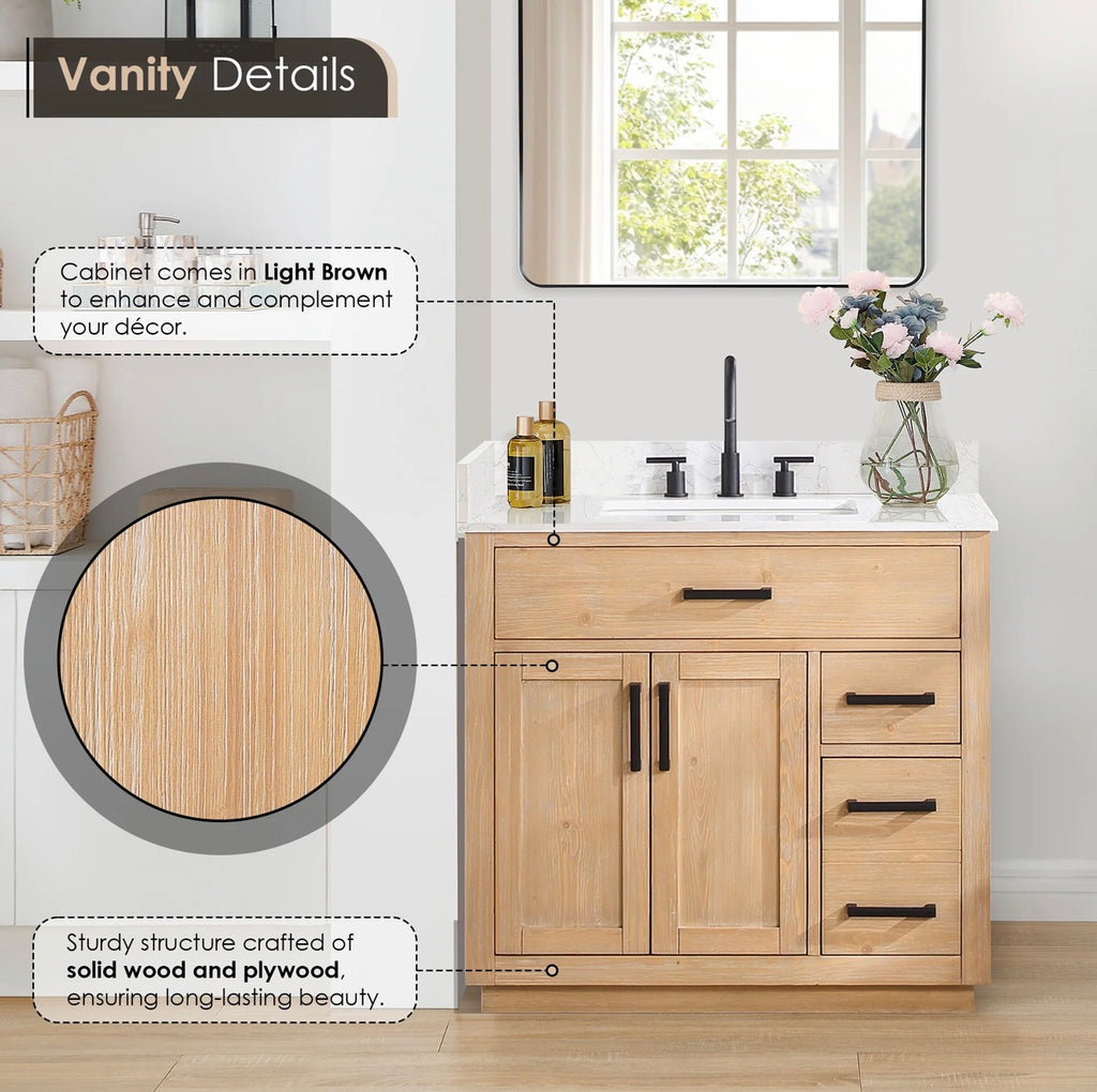 Altair  Gavino 36" Single Bathroom Vanity with Grain White Engineered Stone Countertop