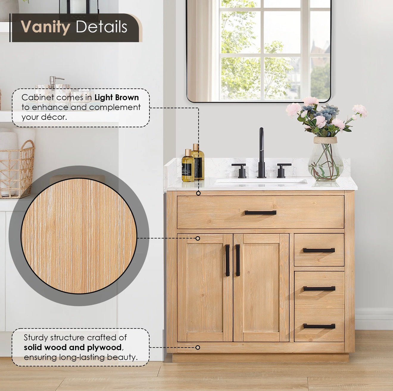 Altair  Gavino 36" Single Bathroom Vanity with Grain White Engineered Stone Countertop