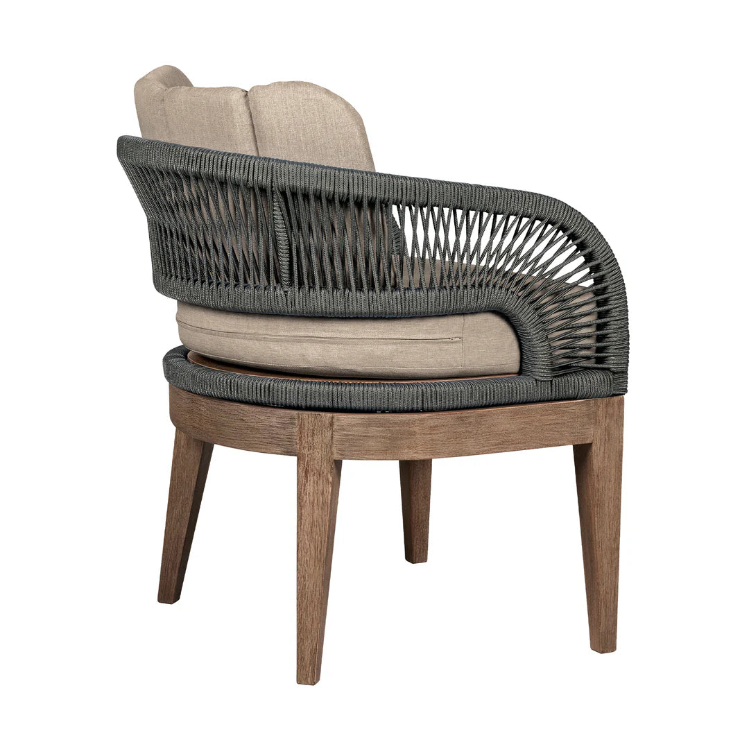 Armen Living Orbit Outdoor Patio 5 Piece Dining Set in Weathered Eucalyptus Wood with Gray Rope and Taupe Olefin Cushions