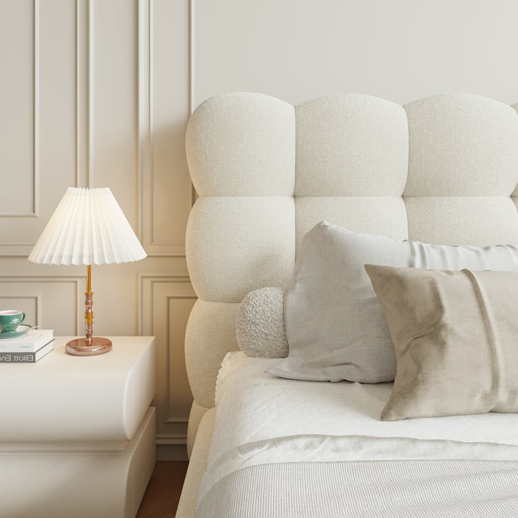 White Bouclé Upholstered Platform Bubble Queen Bed Frame
