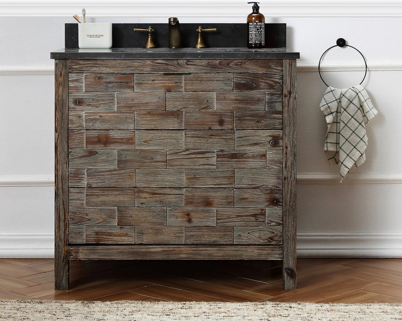 Legion Furniture 36" Rustic Solid Wood Bathroom Vanity with Moon Stone Marble Top – No Faucet