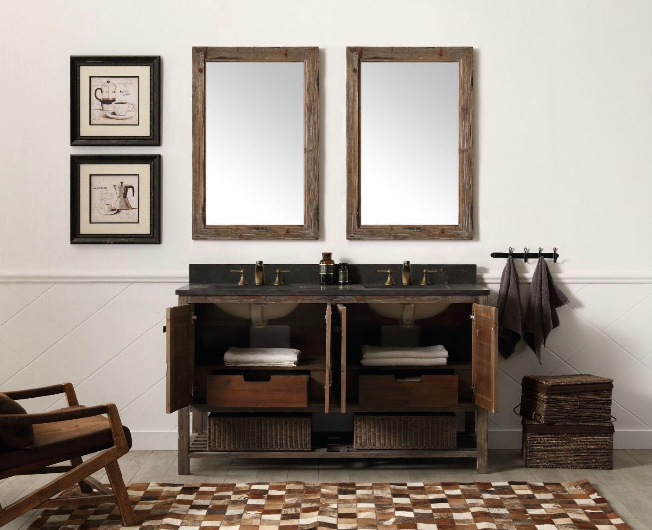 Legion Furniture Solid Wood Bathroom Vanity with Natural Moon Stone Top – Brown Rustic (36", 48", 60")