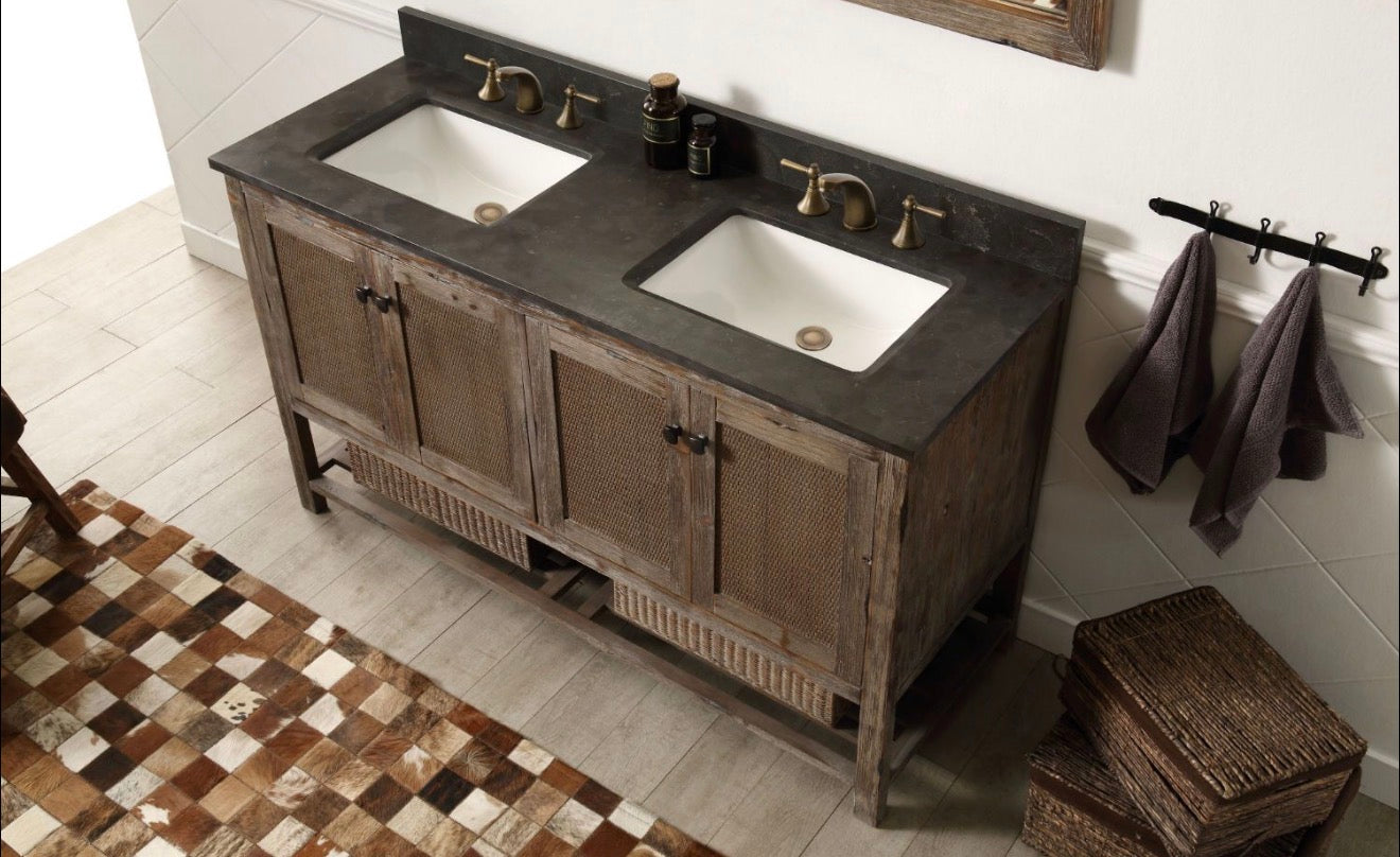 Legion Furniture Solid Wood Bathroom Vanity with Natural Moon Stone Top – Brown Rustic (36", 48", 60")