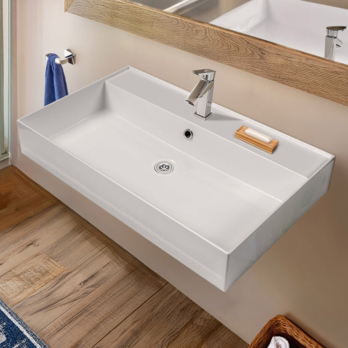 Whitehaus 32" Rectangular Wall Mount Basin with Single Faucet Drilling and Overflow