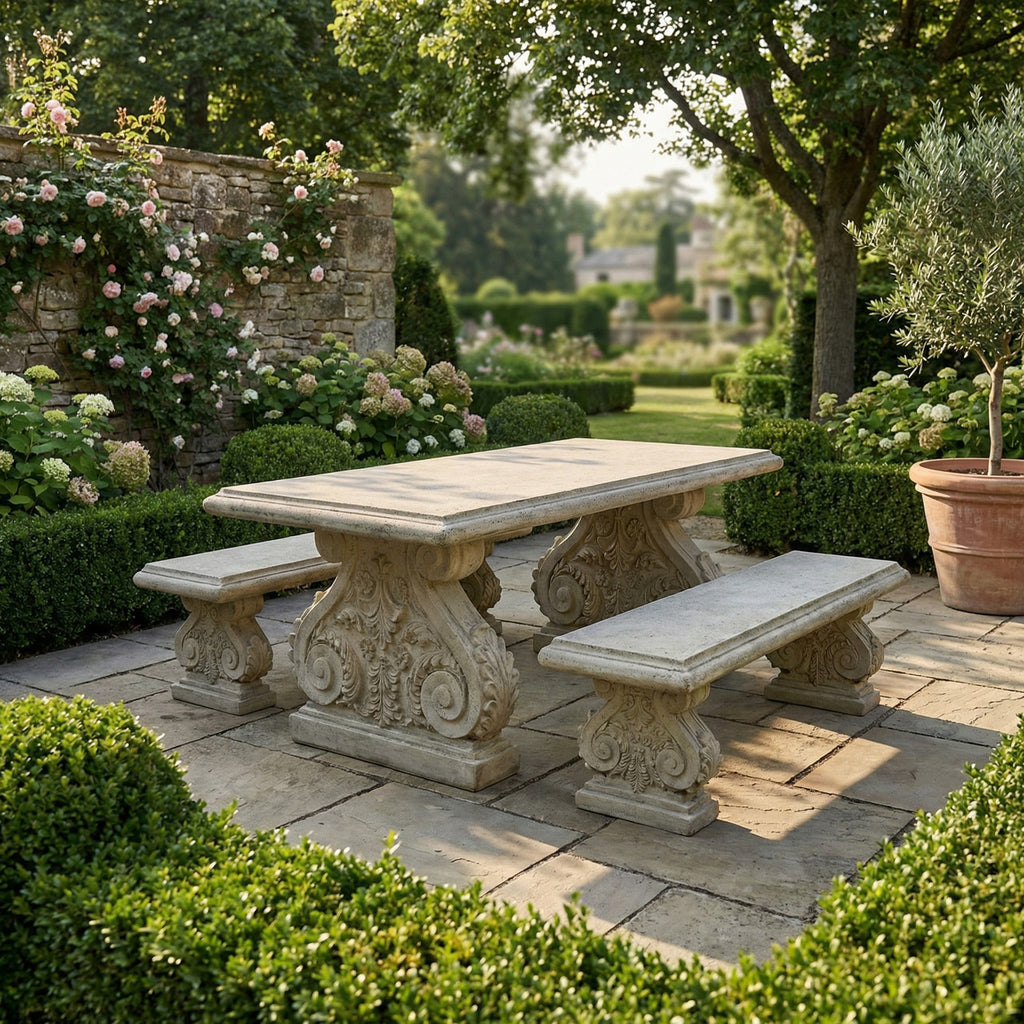 AFD Home Classic Acanthus Garden Table and Bench set of 3 (KIT)
