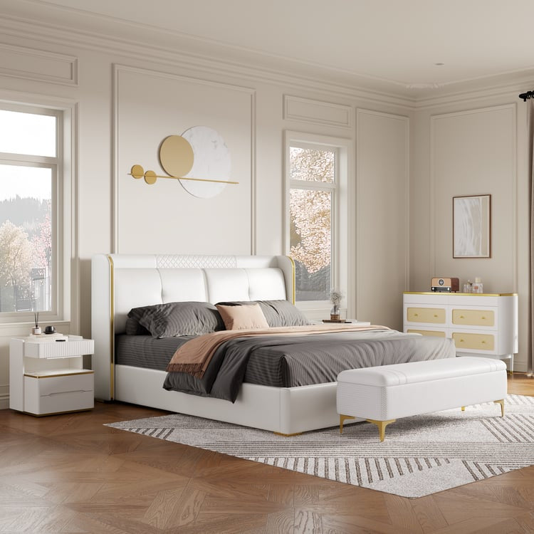 Leather Upholstered King Bed with Wingback Headboard