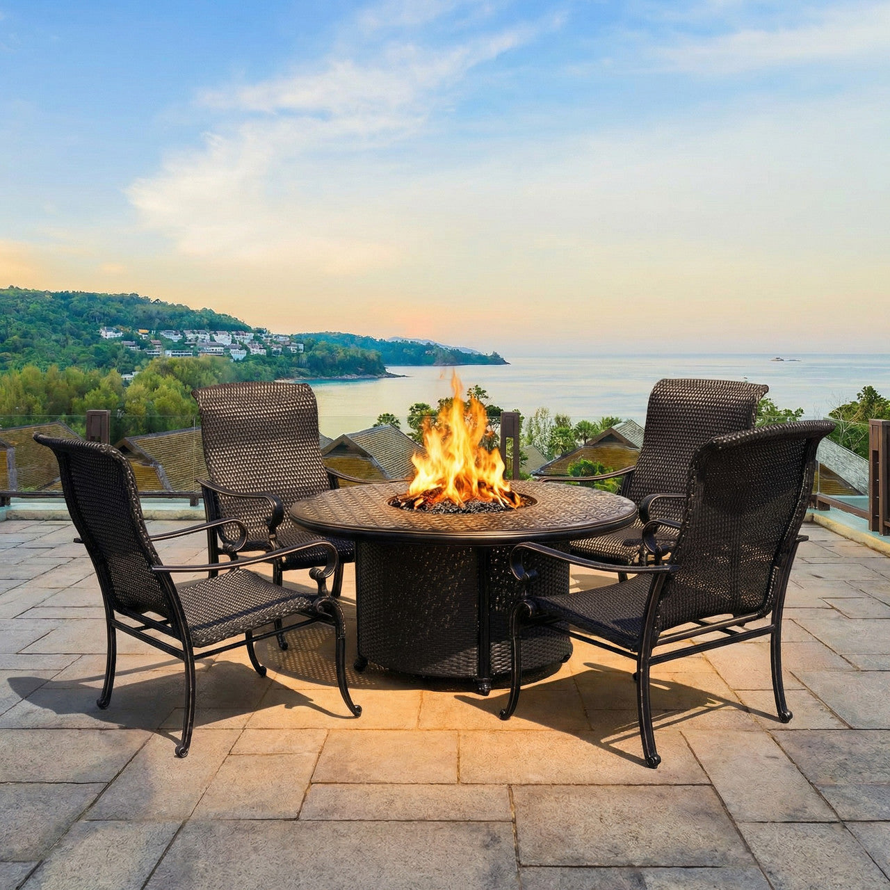 AFD Home Wyndermere All Inclusive Outdoor Gas Firepit Club Table Set (KIT)