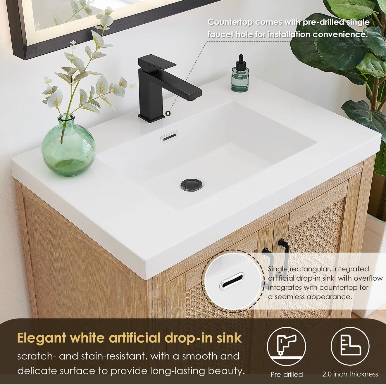 Altair Bondi single Bathroom Vanity in Light Brown with white artificial Drop-in Sink without mirror