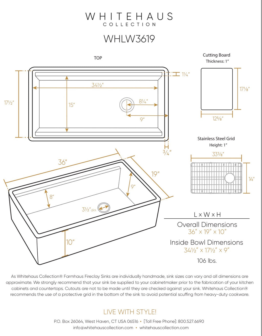 Whitehaus Collection 36" Reversible Single Bowl Fireclay Sink Set with a Smooth Front Apron, Walnut Wood Cutting Board and Stainless Steel Grid