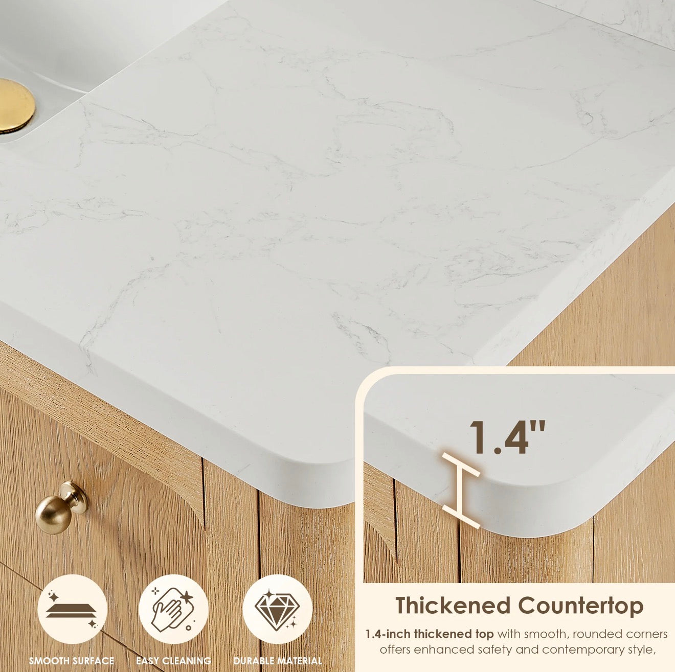 Altair Milner Bathroom Vanity in Brushed Oak with Grain White Engineered Stone Countertop without Mirror