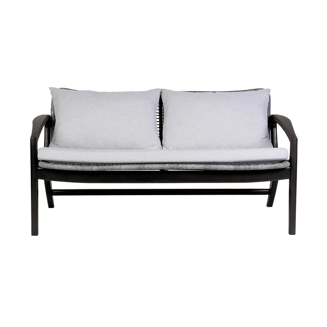 Armen Living Beckham 4 Piece Outdoor Patio Seating Set in Dark Eucalyptus Wood with Gray Rope and White Cushions