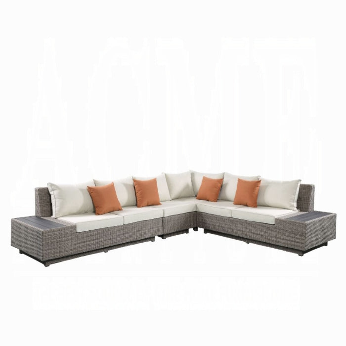 ACME Beige Fabric & Gray Wicker Salena Patio Sectional Sofa W/4 Pillows & Coffee Table