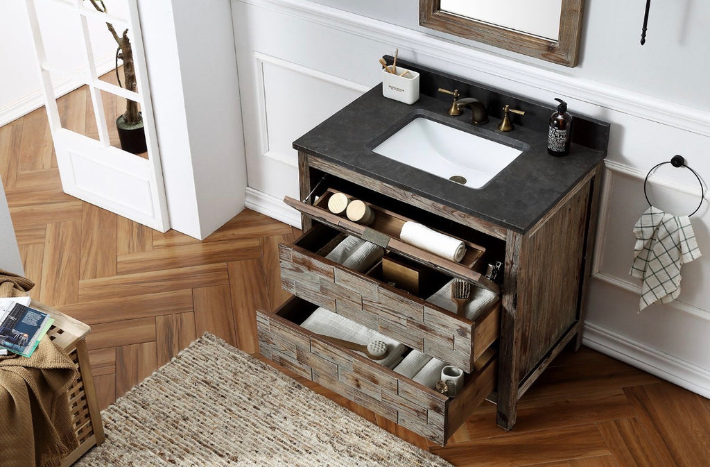 Legion Furniture 36" Rustic Solid Wood Bathroom Vanity with Moon Stone Marble Top – No Faucet