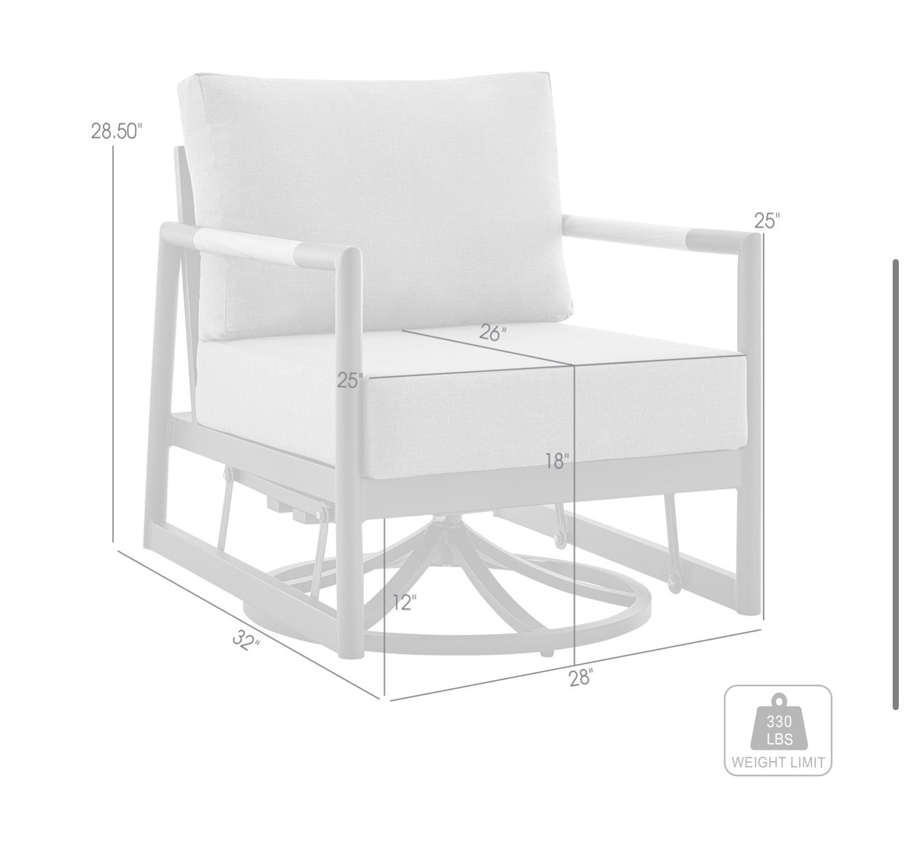 Armen Living Crown Outdoor Patio Swivel Glider Lounge Chair in Black Aluminum and Teak Wood with Cushions