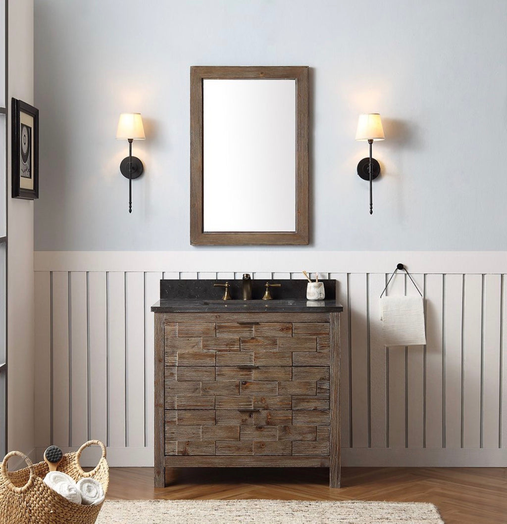 Legion Furniture 36" Rustic Solid Wood Bathroom Vanity with Moon Stone Marble Top – No Faucet