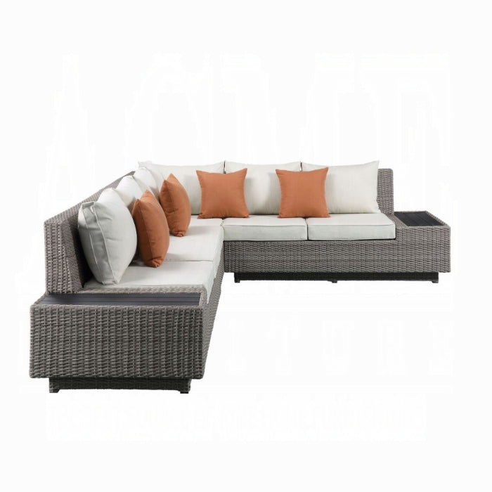 ACME Beige Fabric & Gray Wicker Salena Patio Sectional Sofa W/4 Pillows & Coffee Table