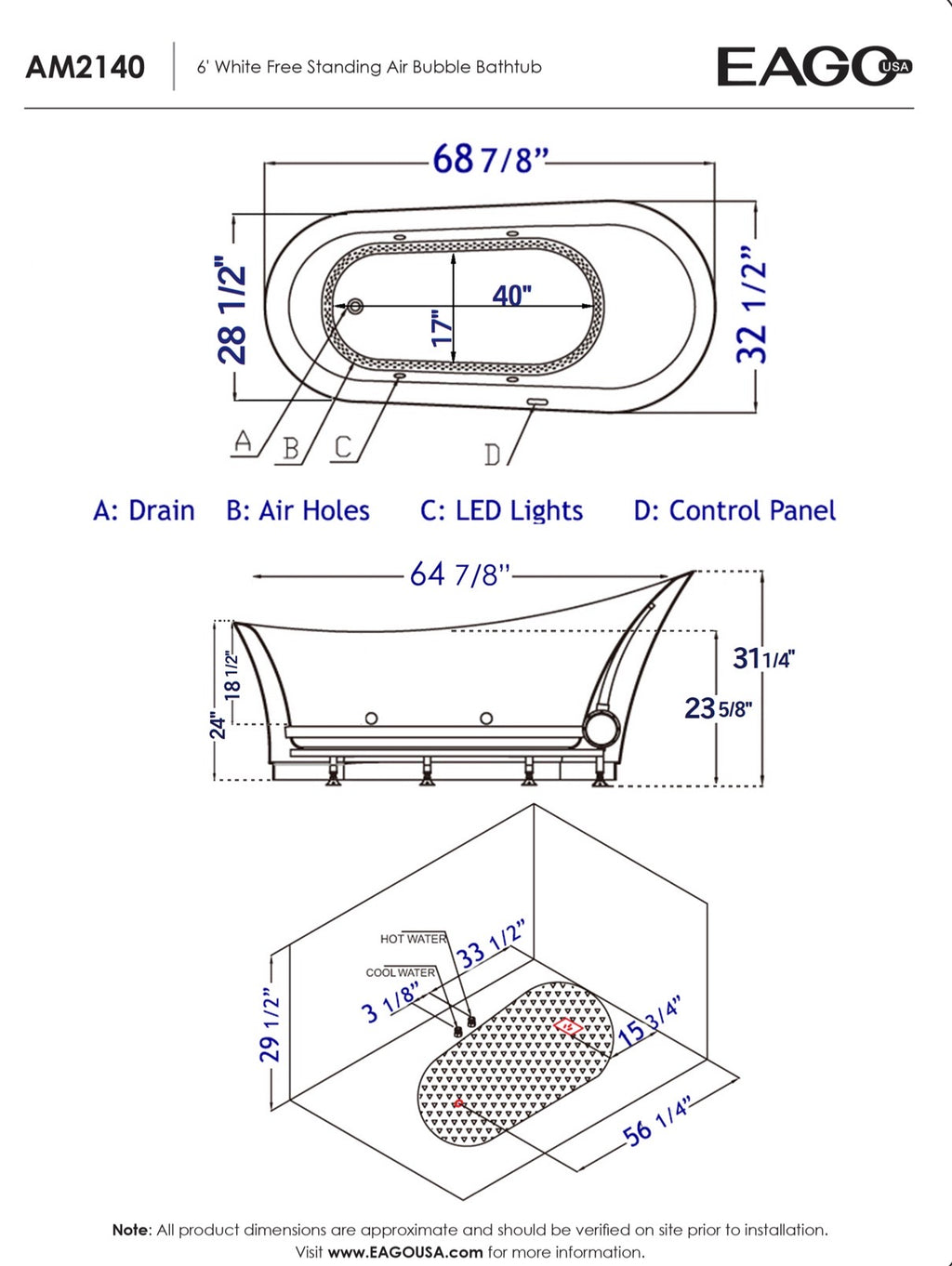 EAGO 6 Foot White Free Standing Air Bubble Bathtub