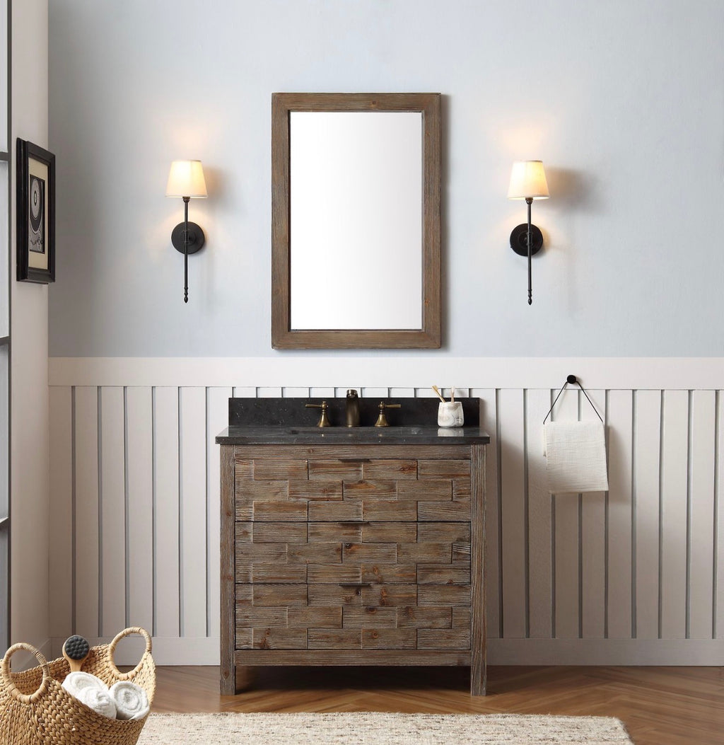 Legion Furniture 36" Rustic Solid Wood Bathroom Vanity with Moon Stone Marble Top – No Faucet