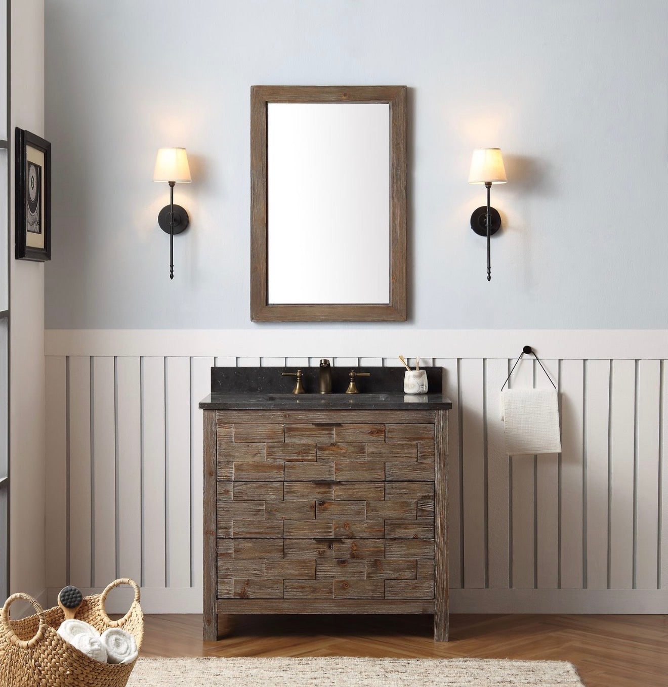 Legion Furniture 36" Rustic Solid Wood Bathroom Vanity with Moon Stone Marble Top – No Faucet