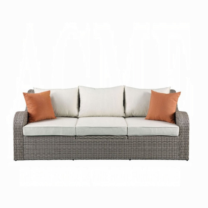 ACME Beige Fabric & Gray Wicker Salena Patio Sofa W/2 Pillows & 2 Ottomans