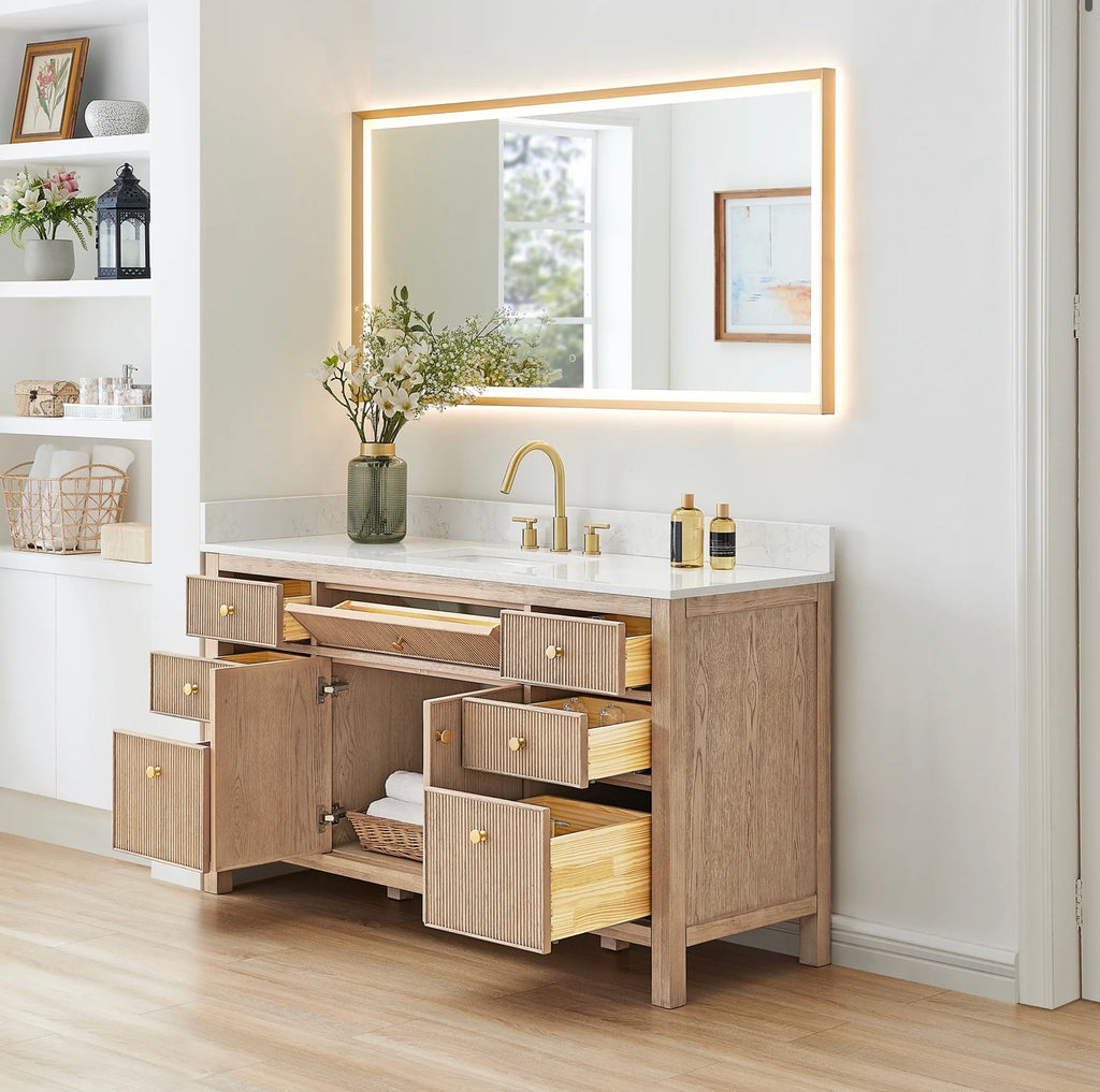 Altair Cerrito 60" Single Bathroom Vanity with Grain White Engineered Stone Countertop without Mirror
