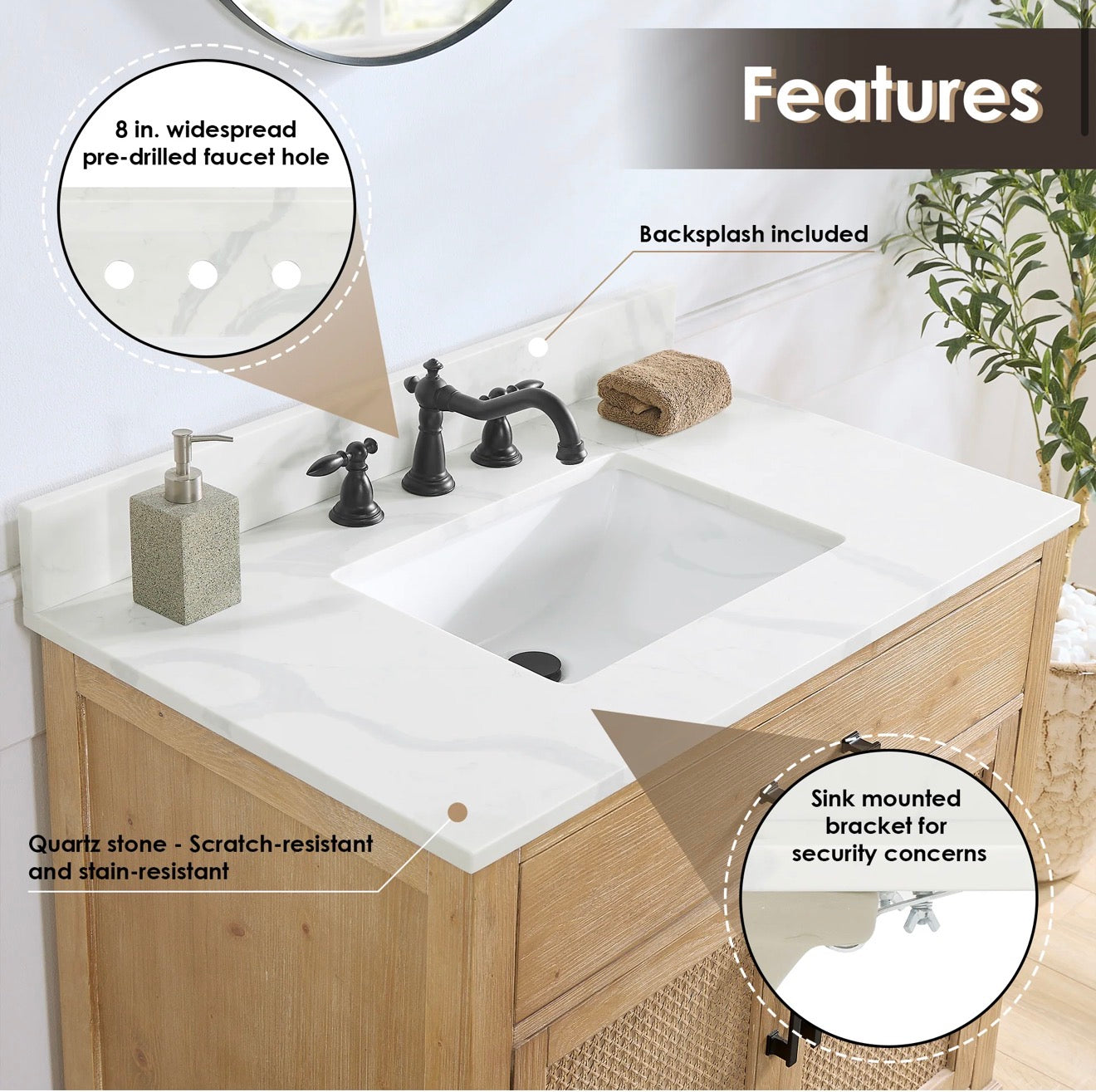 Altair Solana 36" Single Bathroom Vanity in Weathered Fir with Calacatta White Quartz Countertop