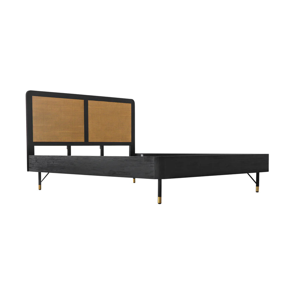 Armen Living  Saratoga 4 Piece Bedroom Set in Black Acacia Wood and Rattan