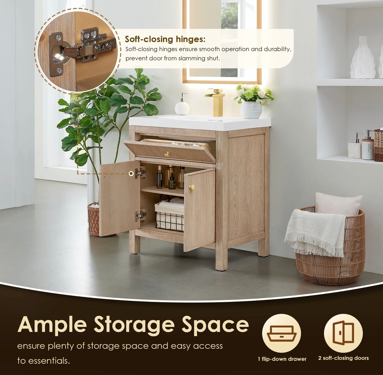 Altair Cerrito 30” single bathroom vanity with white Engineered stone integrated sink without mirror