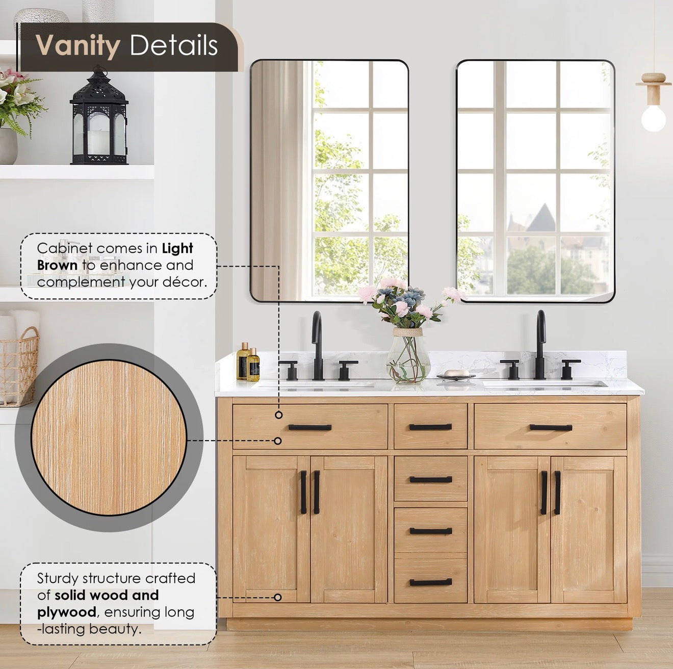 Altair Gavino 60" Double Bathroom Vanity in Light Brown with Grain White Engineered Stone Countertop without Mirror