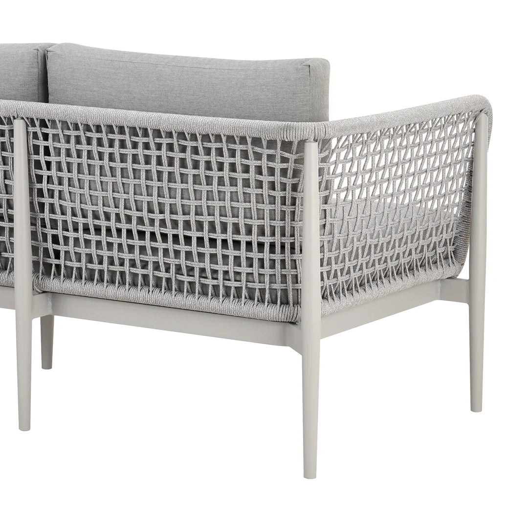 Armen Living Rhodes Outdoor Patio Sofa in Aluminum with Light Gray Rope and Cushions