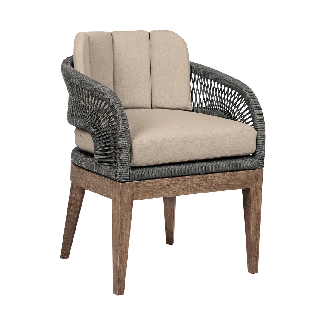 Armen Living Orbit Outdoor Patio 5 Piece Dining Set in Weathered Eucalyptus Wood with Gray Rope and Taupe Olefin Cushions