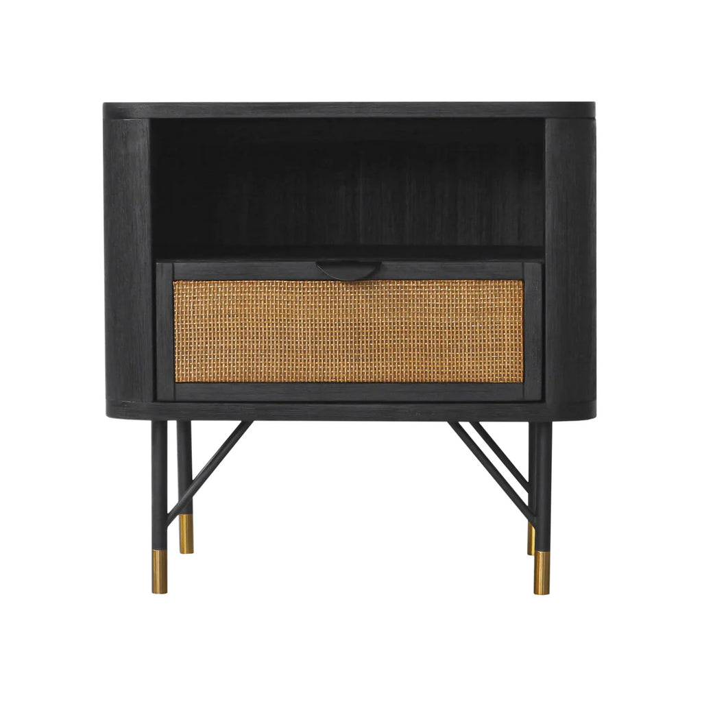 Armen Living  Saratoga 4 Piece Bedroom Set in Black Acacia Wood and Rattan