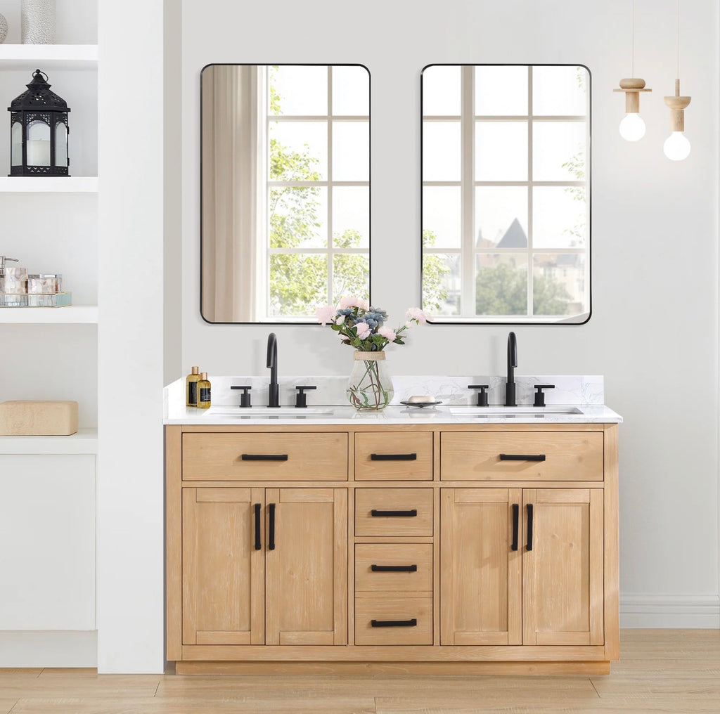 Altair Gavino 60" Double Bathroom Vanity in Light Brown with Grain White Engineered Stone Countertop without Mirror