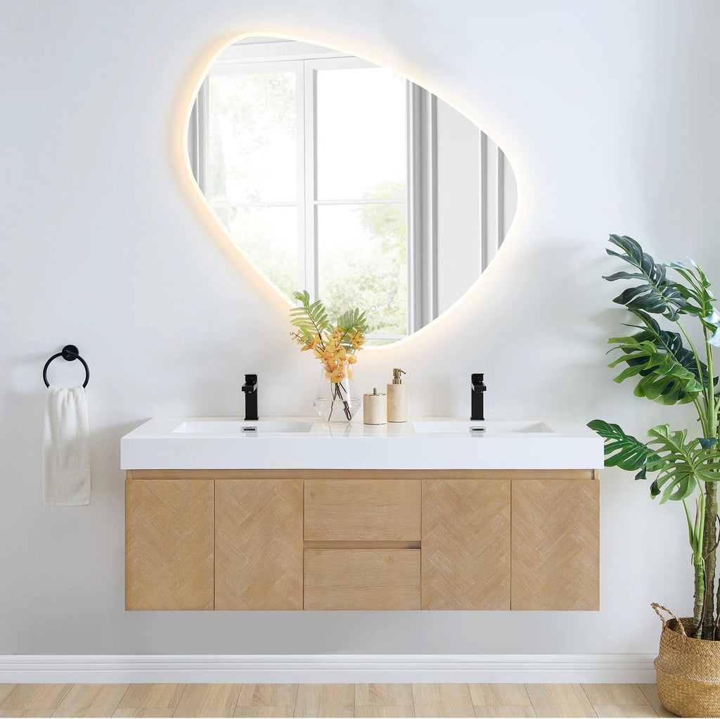 Altair Siena 60" Wall-mounted Double Bathroom Vanity in Light Brown with White Artificial Drop-in Sink