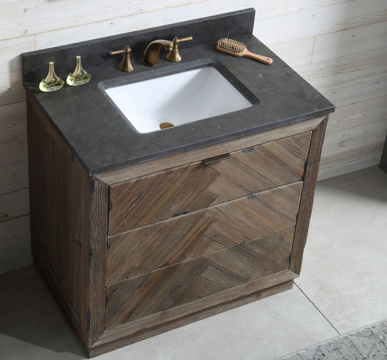 Legion Furniture Rustic Solid Wood Bathroom Vanity with Natural Moon Stone Top – No Faucet