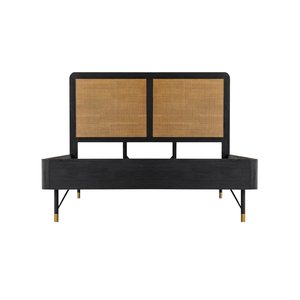 Armen Living Saratoga Platform Frame Bed in Black Acacia with Rattan Headboard