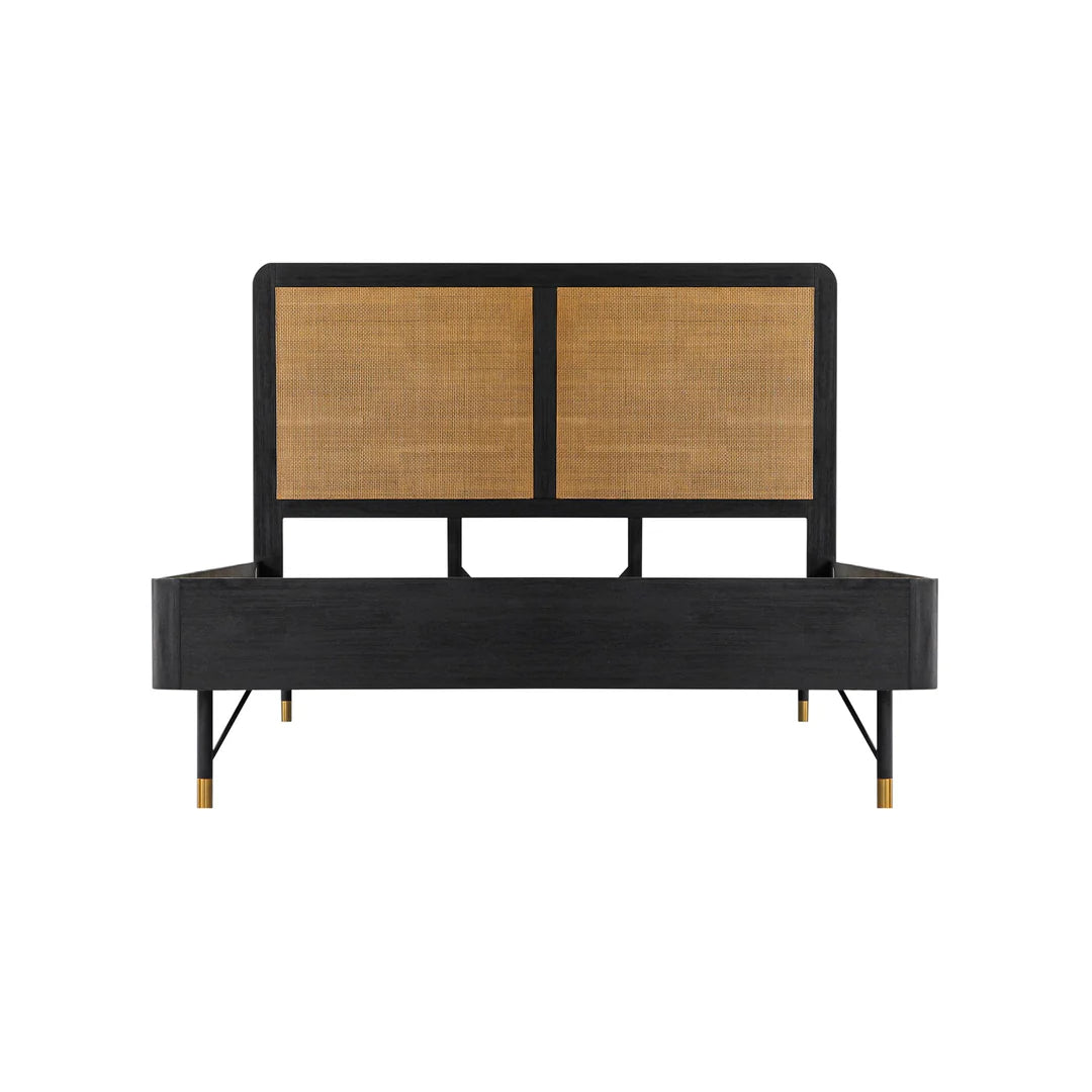 Armen Living Saratoga Platform Frame Bed in Black Acacia with Rattan Headboard