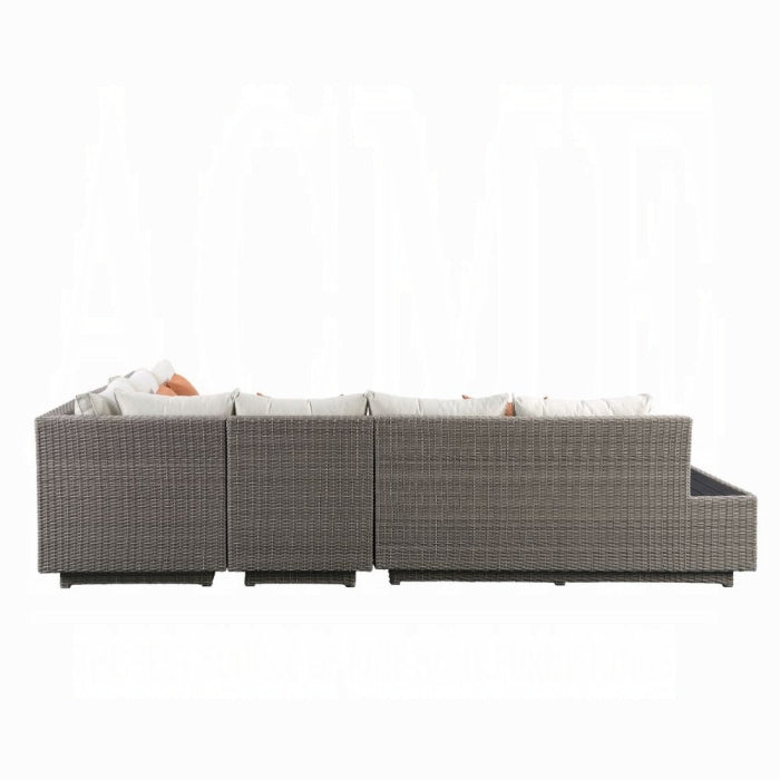 ACME Beige Fabric & Gray Wicker Salena Patio Sectional Sofa W/4 Pillows & Coffee Table